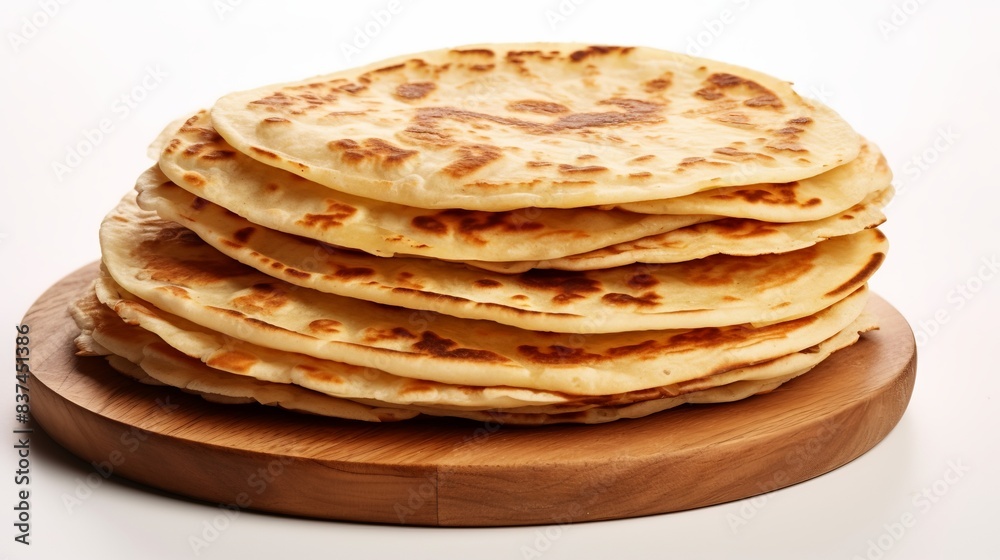 Stack of freshly made flatbreads on a wooden board, showcasing their delicious golden-brown cooked surface. Perfect for any meal occasion. Stack of freshly made flatbreads on a wooden board, showcasing their delicious golden-brown cooked surface. Perfect for any meal occasion.