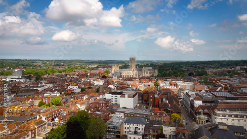 Flight over the city of Canterbury United Kingdom with famous Canterbury Cathedral on a sunny day - aerial view - aerial drone photography