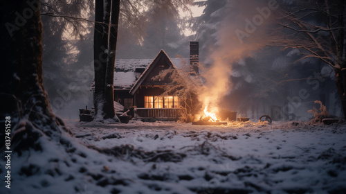 A cozy cabin with chimney surrounded by snow-covered ground and trees