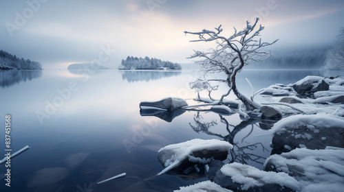 Winter landscape with frozen lake and trees