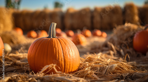 Pumpkin on hay bale in autumn