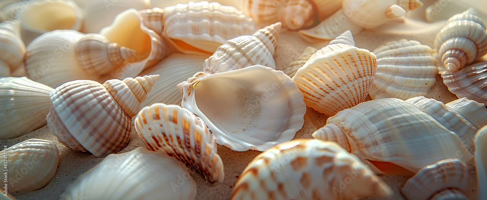 A pile of sea shells, close up, natural lighting, beige aesthetic A pile of sea shells, close up, natural lighting, beige aesthetic