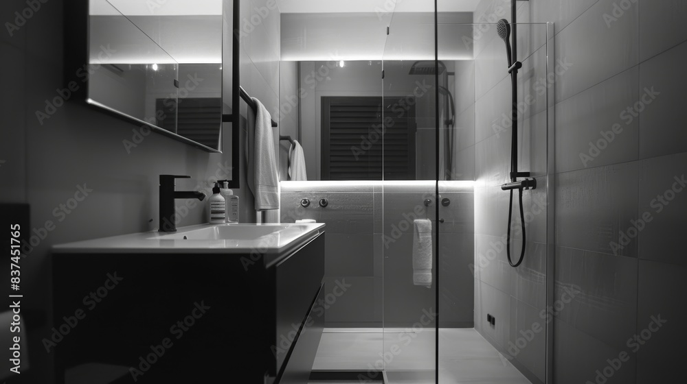 Featuring modern bathroom design with black accents and white walls, showcasing the expansive shower stall Featuring modern bathroom design with black accents and white walls, showcasing the expansive shower stall