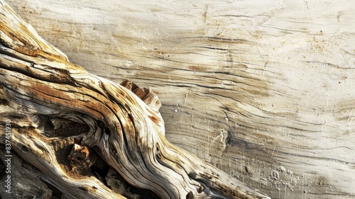 Close-up of weathered driftwood with textured surface, showcasing natural patterns and colors photo