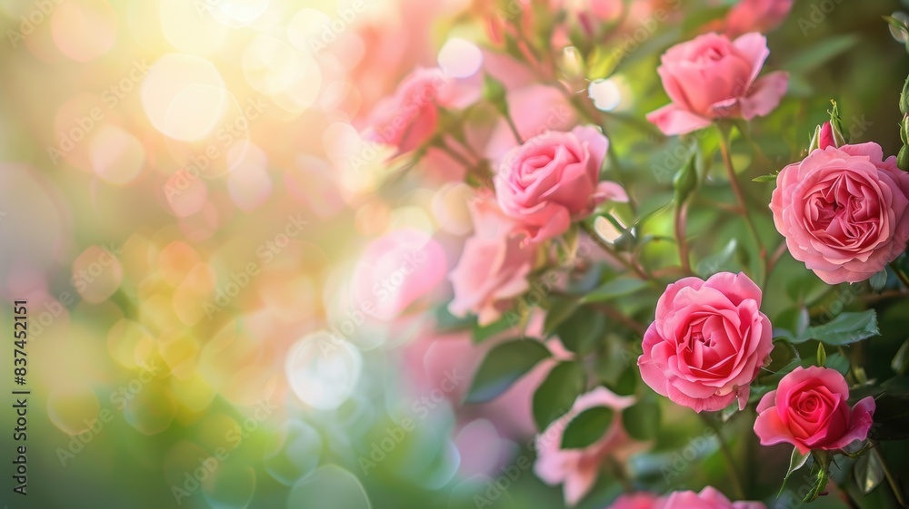 Lush pink roses bloom among green leaves with sunlight bokeh Lush pink roses bloom among green leaves with sunlight bokeh