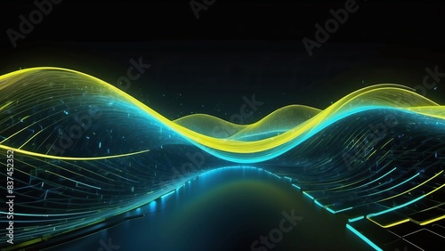 Neon blue and yellow futuristic waves in a virtual reality style composition photo
