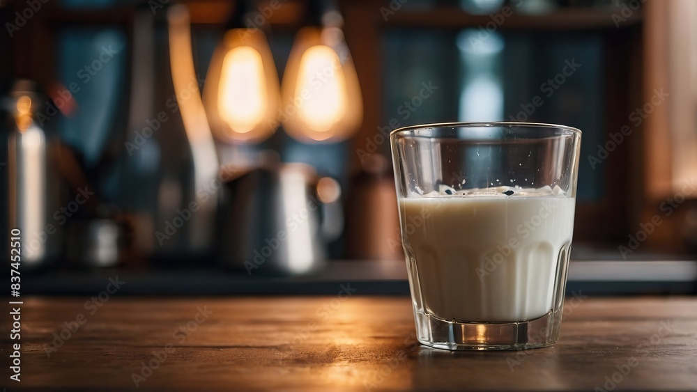 Glass of milk on a counter in a cozy kitchen with soft lighting and a rustic atmosphere Glass of milk on a counter in a cozy kitchen with soft lighting and a rustic atmosphere