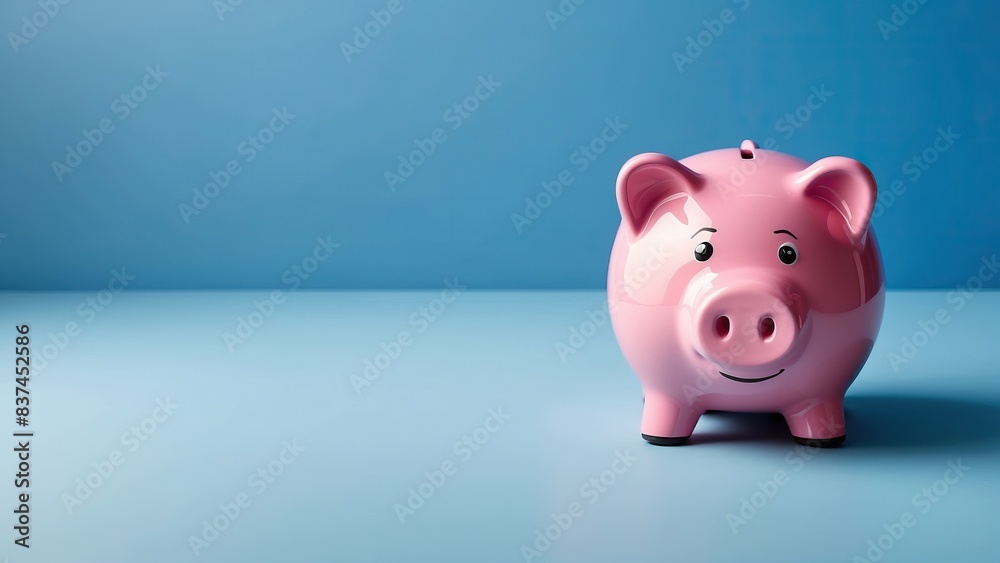 Pink piggy bank with coins on a blue background, ideal for saving and finance visuals Pink piggy bank with coins on a blue background, ideal for saving and finance visuals