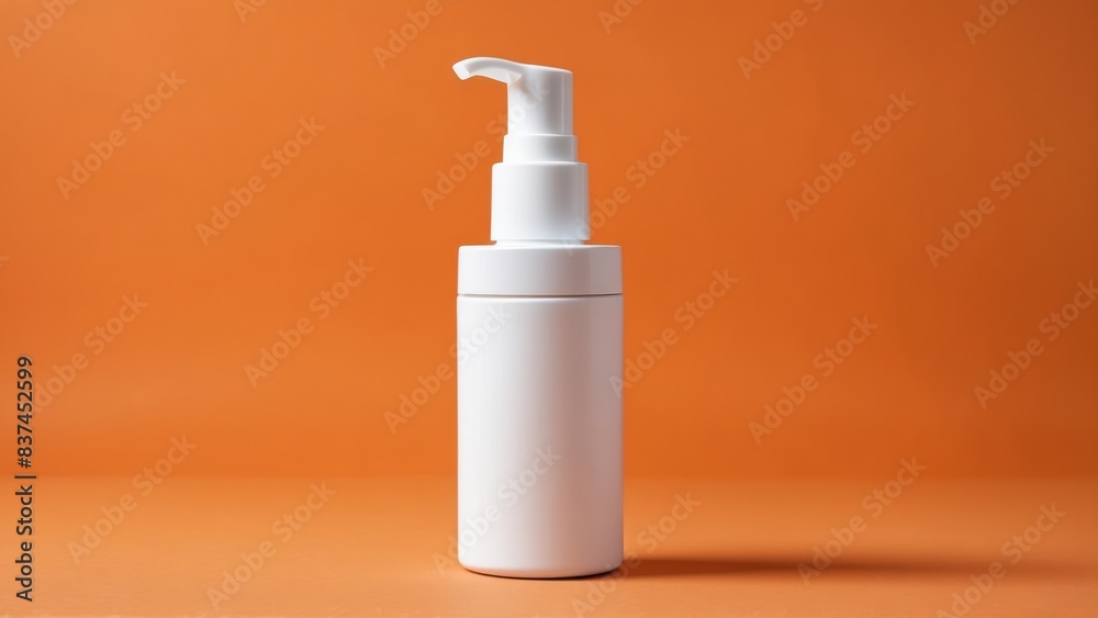 White cosmetic pump bottle on a vivid orange background for clean modern design concepts White cosmetic pump bottle on a vivid orange background for clean modern design concepts