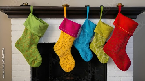 Group of brightly colored stockings hanging from a mantel, evoking a cozy Christmas atmosphere photo