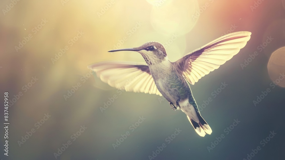 Fototapeta premium Close-up of hummingbird gracefully hovering mid-air, wings blurred