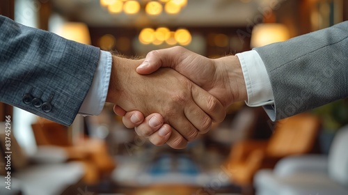 A businessman shaking hands with a partner in a sleek, newly furnished office, symbolizing the successful launch and networking of a new business.