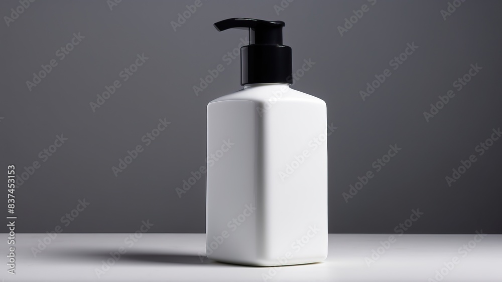 Plain white cosmetic bottle with pump on black background, minimalist design concept Plain white cosmetic bottle with pump on black background, minimalist design concept