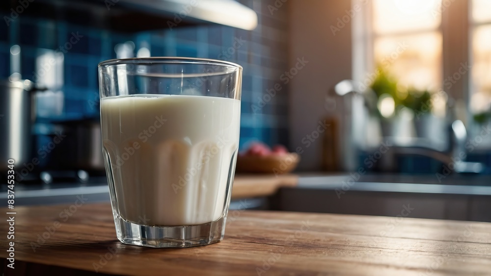 Glass of milk on a kitchen countertop with a soft focus background, cozy evening light Glass of milk on a kitchen countertop with a soft focus background, cozy evening light