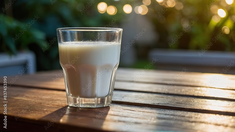 Glass of milk on a patio table with a serene garden view at sunrise Glass of milk on a patio table with a serene garden view at sunrise