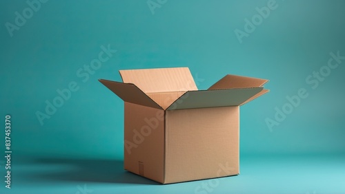 Empty open cardboard box on turquoise background, ideal for shipping or storage concept