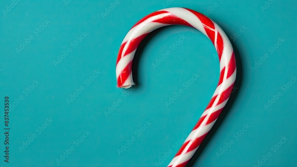 Red and white candy cane on a teal background, festive and minimalistic design Red and white candy cane on a teal background, festive and minimalistic design