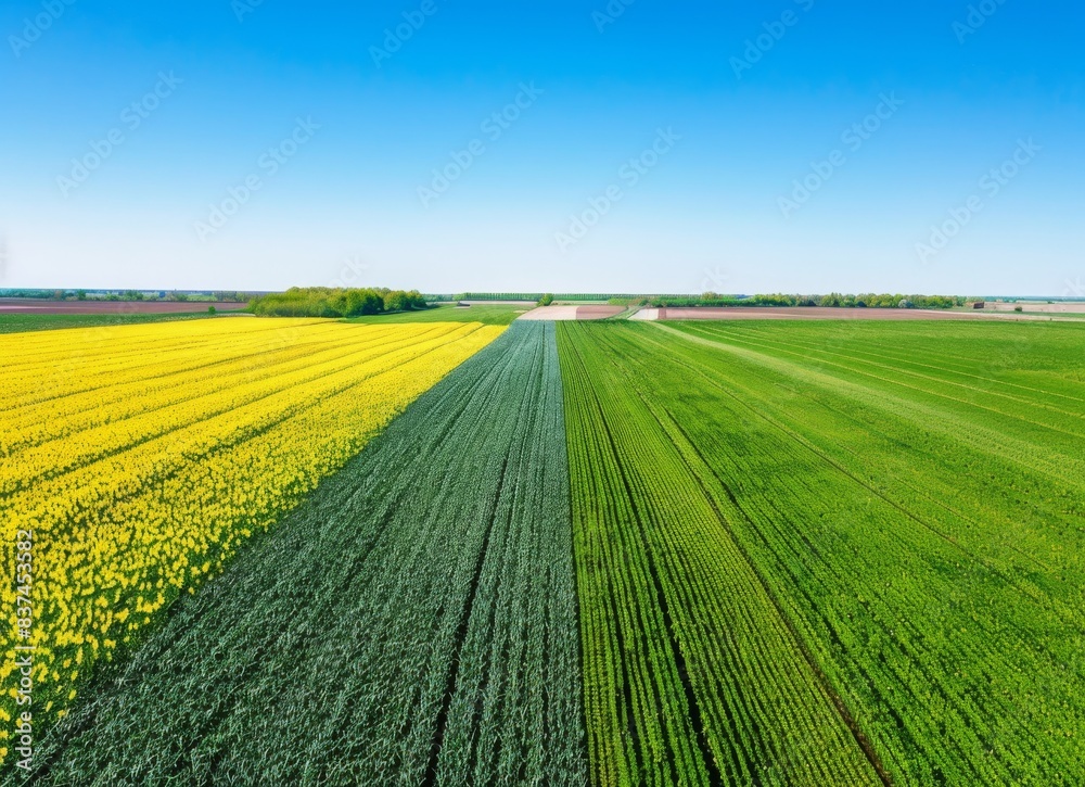 Aerial view of spring farmland with green and yellow crops, bright daylight, clear sky, rural landscape Aerial view of spring farmland with green and yellow crops, bright daylight, clear sky, rural landscape
