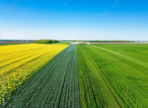 Aerial view of spring farmland with green and yellow crops, bright daylight, clear sky, rural landscape