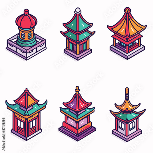 Set colorful Asian pagoda illustrations. Vibrant traditional oriental temples exhibit intricate design, emphasized bold outlines bright hues. Architectural digital artwork featuring stylized pagodas
