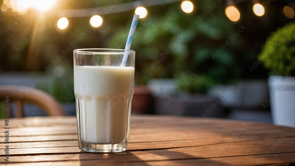 Glass of milk on a patio table with a serene garden view at sunrise Glass of milk on a patio table with a serene garden view at sunrise