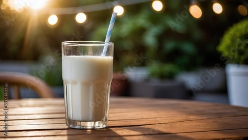 Glass of milk on a patio table with a serene garden view at sunrise