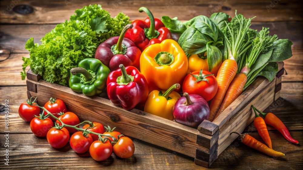 The image shows a wooden crate filled with different types of vegetables. There are green bell peppers, red bell peppers, yellow bell peppers, tomatoes, carrots, lettuce, spinach, and basil. The image shows a wooden crate filled with different types of vegetables. There are green bell peppers, red bell peppers, yellow bell peppers, tomatoes, carrots, lettuce, spinach, and basil.