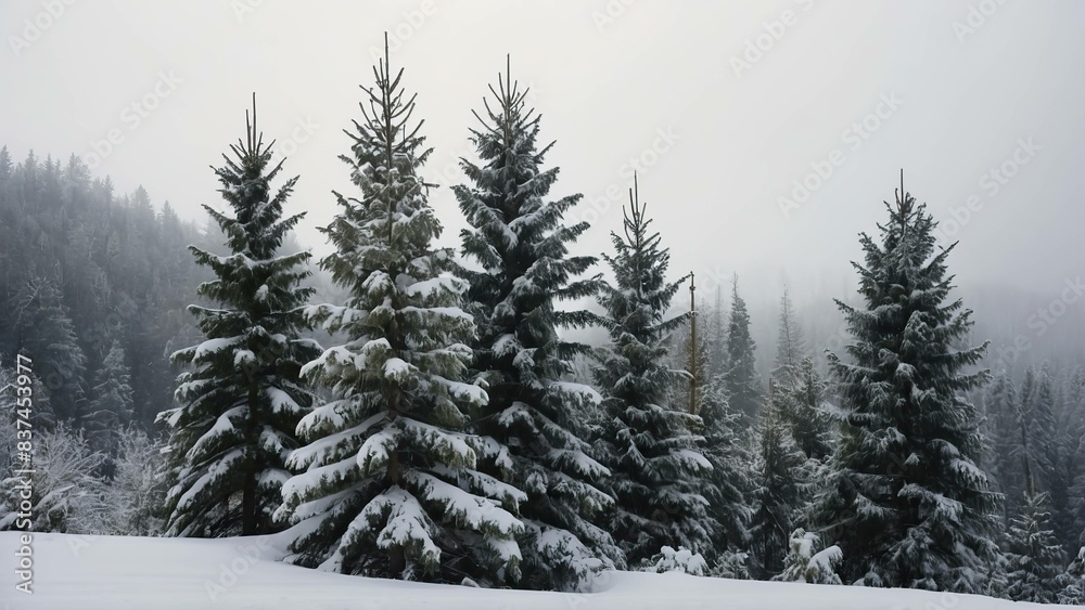 Group of evergreen trees dusted with snow, evoking a peaceful, serene winter scene Group of evergreen trees dusted with snow, evoking a peaceful, serene winter scene