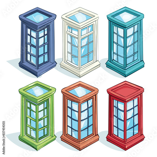 Colorful isometric phone booths different shades including blue, white, teal, green, orange, red, booth features glass panels, sloped roof, threedimensional appearance isolated white background. Set