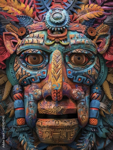 Ancestral heritage alive in vibrant mask artistry, portrait view with detailed background, showcasing the intricate details and vivid colors of tribal masks, cultural and artistic elements. © Kanisorn