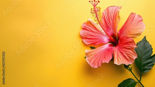 Bright pink hibiscus flower with green leaves on yellow background