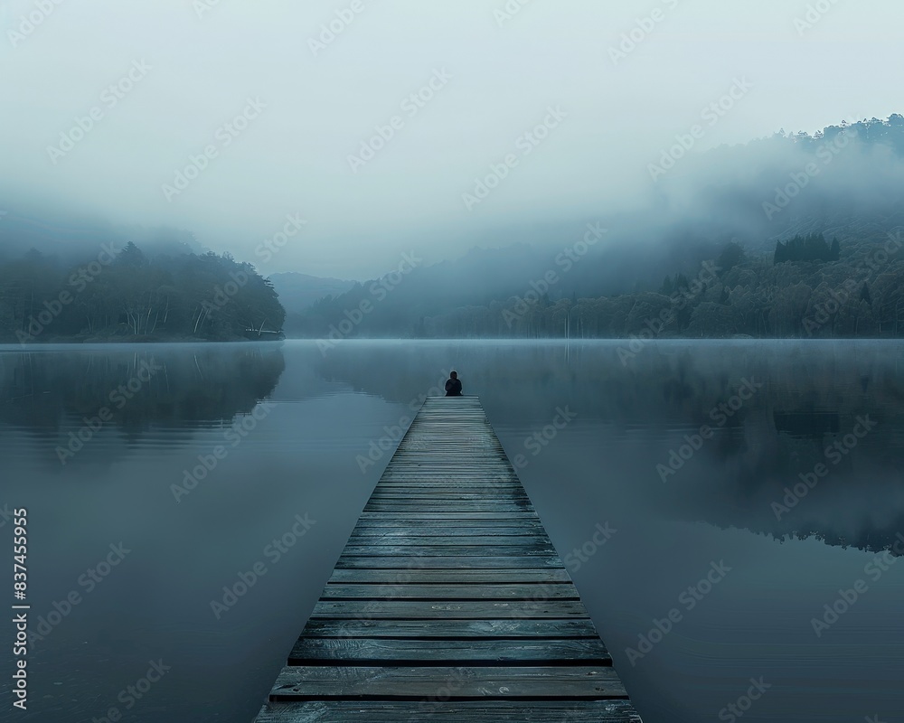 Solitary Figure on a Wooden Dock in a Misty Lake Solitary Figure on a Wooden Dock in a Misty Lake