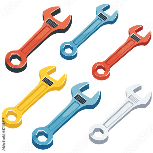 Six wrenches angled diagonally across view, different color red, orange, blue, yellow, light blue, grey. Isometric design adjustable wrenches representing tools, repair, construction themes. Tools