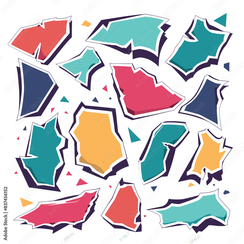 Fototapeta premium Abstract geometric shapes scattered dynamic pattern, colorful artistic backdrop. Modern creative pop art comic book style texture, vibrant colors. Retro funky design, cartoon explosion effect