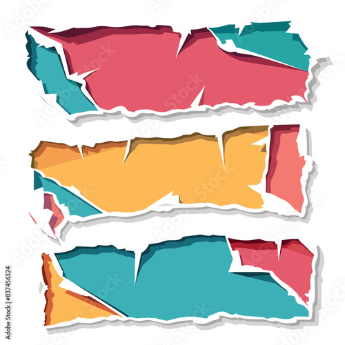 Ripped paper strips red, yellow, blue isolated white background. Paper tears suitable message, text display, creative designs. Graphic elements featuring torn edges texture