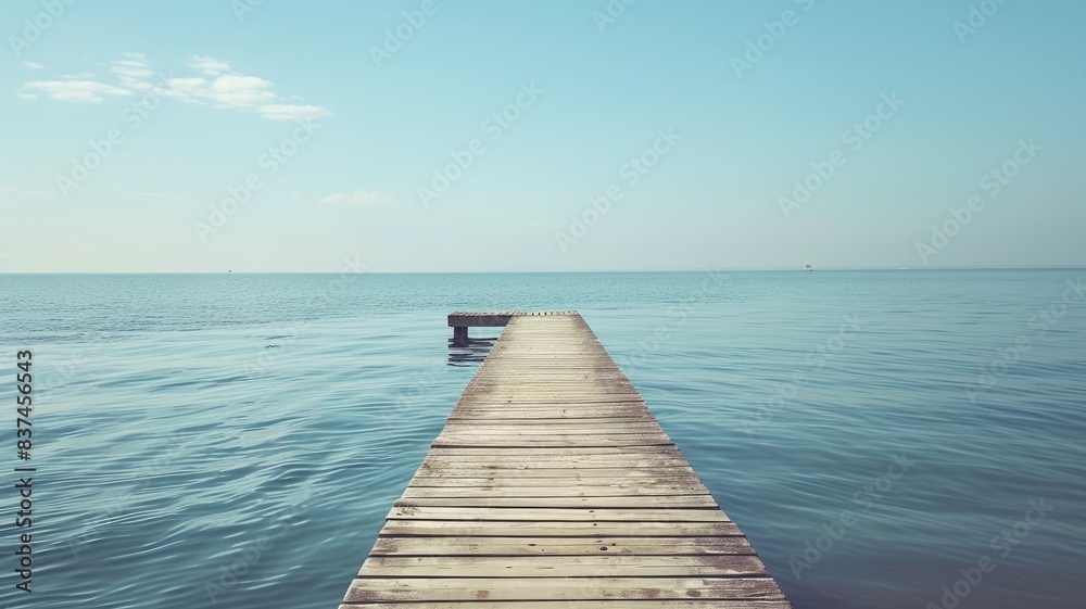 Fototapeta premium Wooden pier extends into calm, blue ocean under clear sky