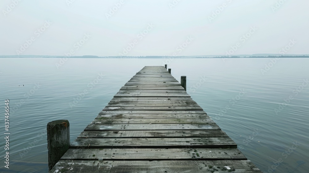 Obraz premium Wooden pier extends into calm, misty lake