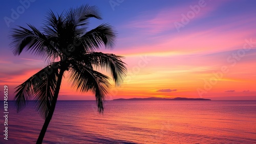 Tropical sunset over ocean with palm tree silhouette