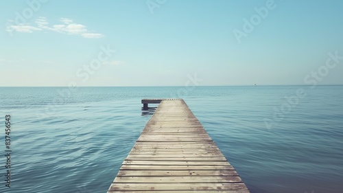 Wooden pier extends into calm, blue ocean under clear sky