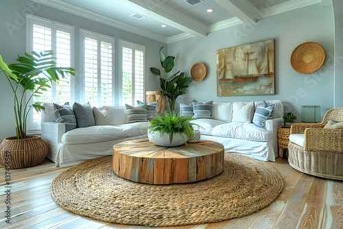 Coastal-style living room with white slipcovered sofas  blue and white striped throw pillows  woven jute rug  large windows with white shutters  nautical-themed decor  wicker armchair  wood floors.