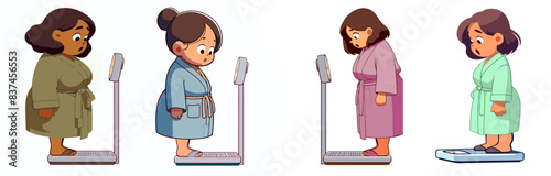Vector illustration set of overweight women wearing a bathrobe, shocked by unexpected weight gain displayed on the scale