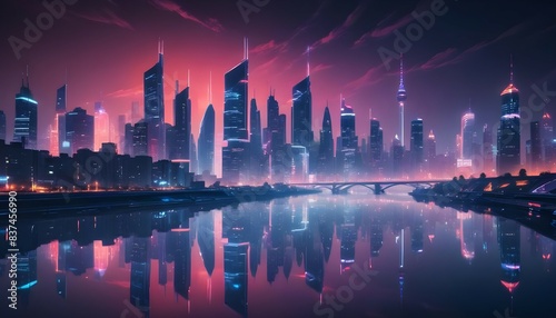 A futuristic city skyline at night with buildings illuminated by neon lights, casting reflections on a calm river below.