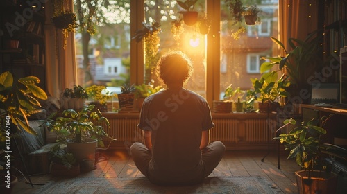 Man Meditating In Sunlight By Window With Houseplants