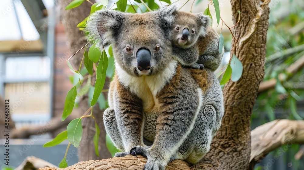Fototapeta premium Mother koala with baby on her back, on eucalyptus tree.
