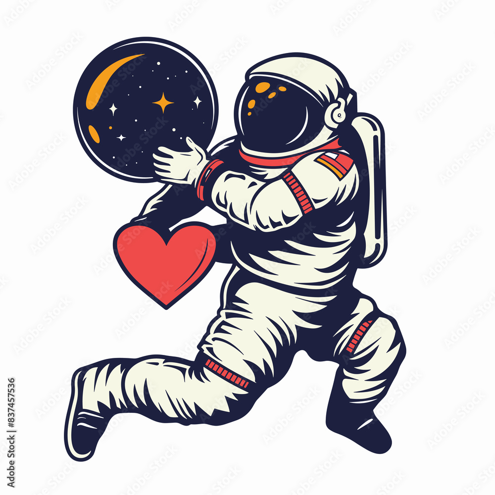Obraz premium Astronaut holding cosmic balloon heart, space romance concept. Space suitclad astronaut floating heartshaped object, planetary theme, gently embracing spherical planet, stars twinkling