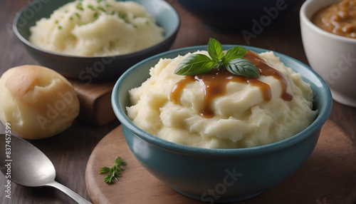 mashed potatoes in a bowl with gravy on top