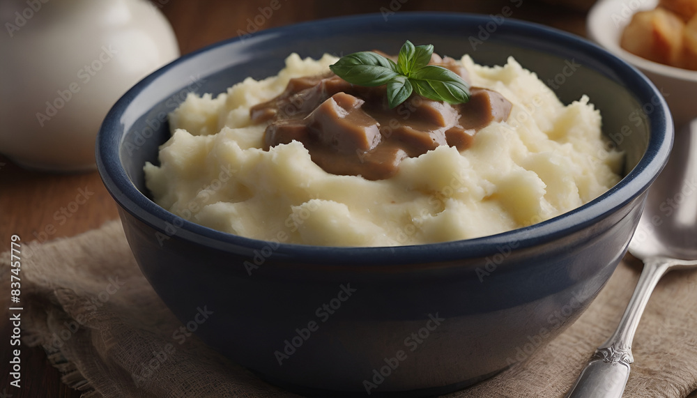 mashed potatoes in a bowl with meat gravy on top mashed potatoes in a bowl with meat gravy on top