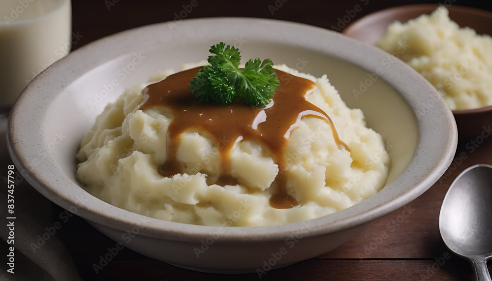 mashed potatoes in a bowl with gravy on top mashed potatoes in a bowl with gravy on top