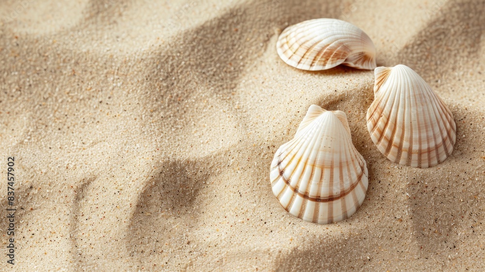 Three seashells resting on sunlit, rippled sand Three seashells resting on sunlit, rippled sand