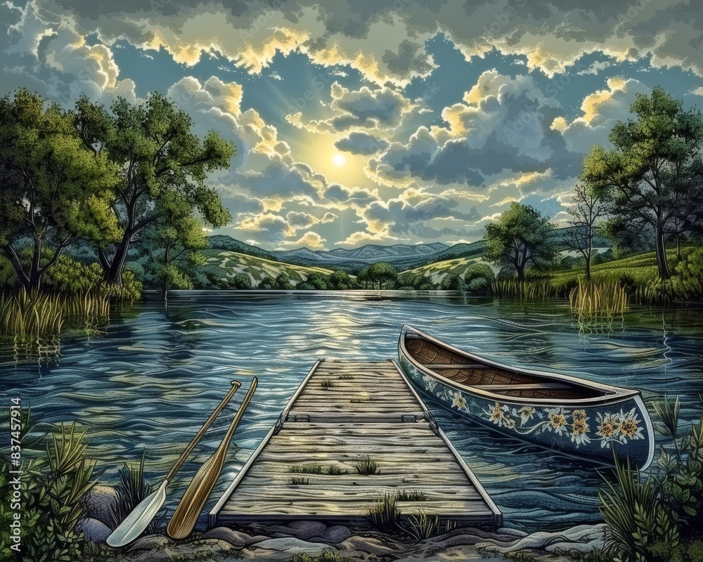 Serene Lakeside Landscape with Boat at Sunrise: Tranquil Nature Scene Capturing Morning Light Over Calm Water and Scenic Dock